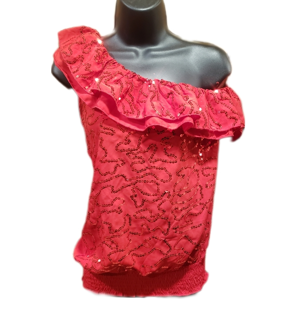 Rue21 Red Sparkle Off the Shoulder Ruffle Top